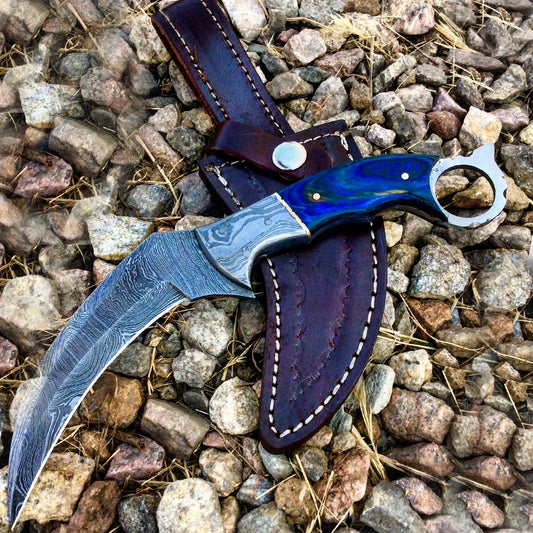 TheBoneEdge 9.5" Damascus Steel Hunting Knife Wood Handle With Leather Sheath
