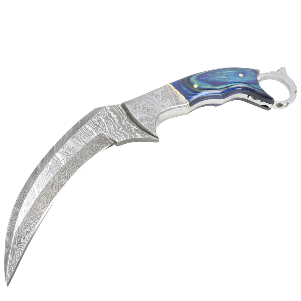 TheBoneEdge 9.5" Damascus Steel Hunting Knife Wood Handle With Leather Sheath