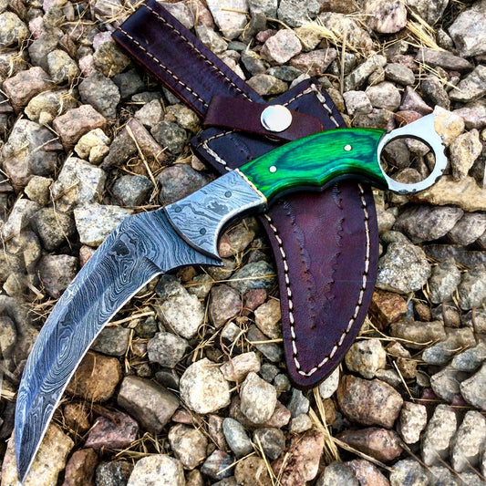 TheBoneEdge 9.5" Damascus Blade Wood Handle Hunting Knife With Leather Sheath