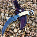 TheBoneEdge 9.5" Damascus Blade Beautiful Handle Hunting Knife With Leather Sheath
