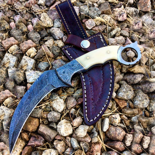 TheBoneEdge 9.5" Damascus Blade Beautiful Handle Hunting Knife With Leather Sheath