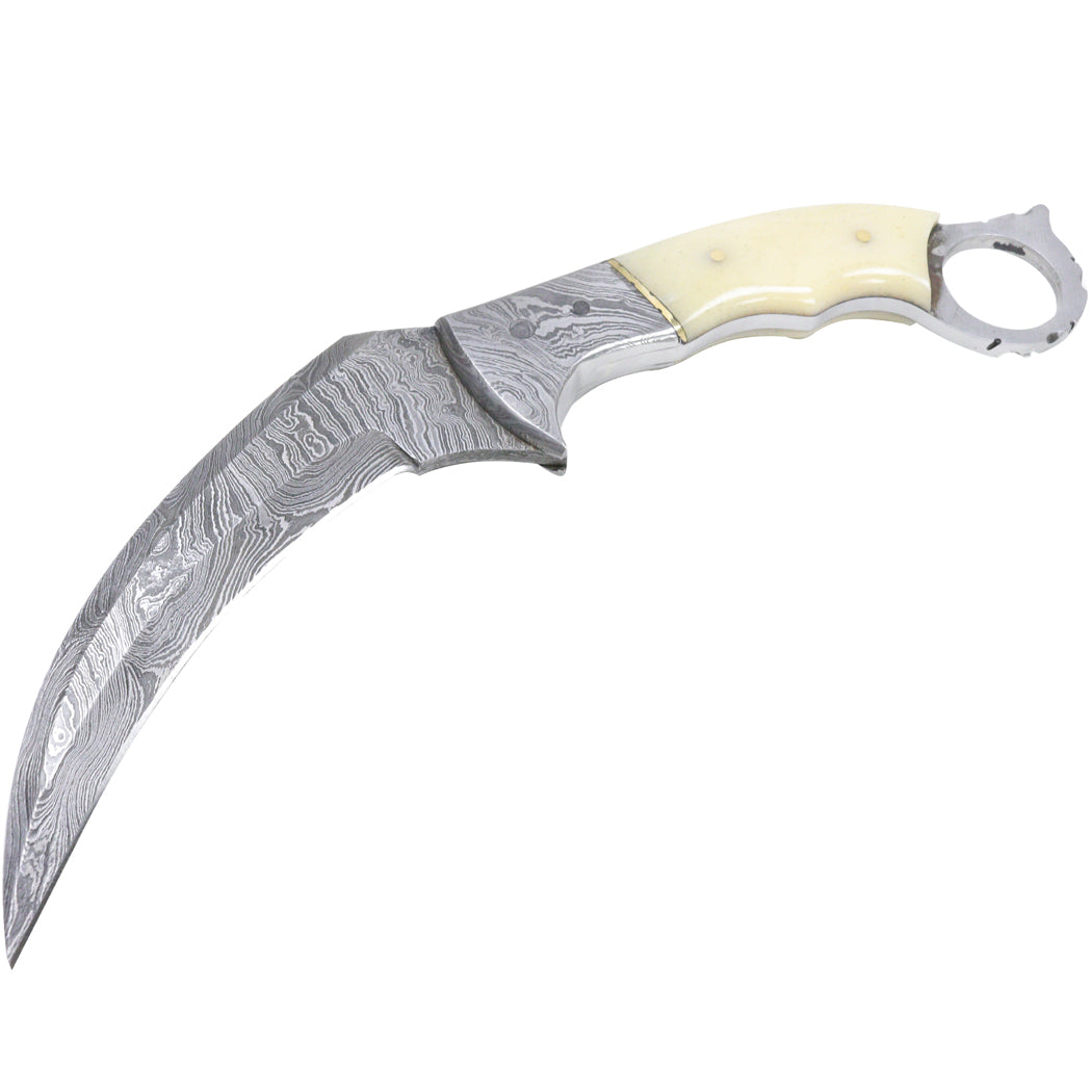 TheBoneEdge 9.5" Damascus Blade Beautiful Handle Hunting Knife With Leather Sheath