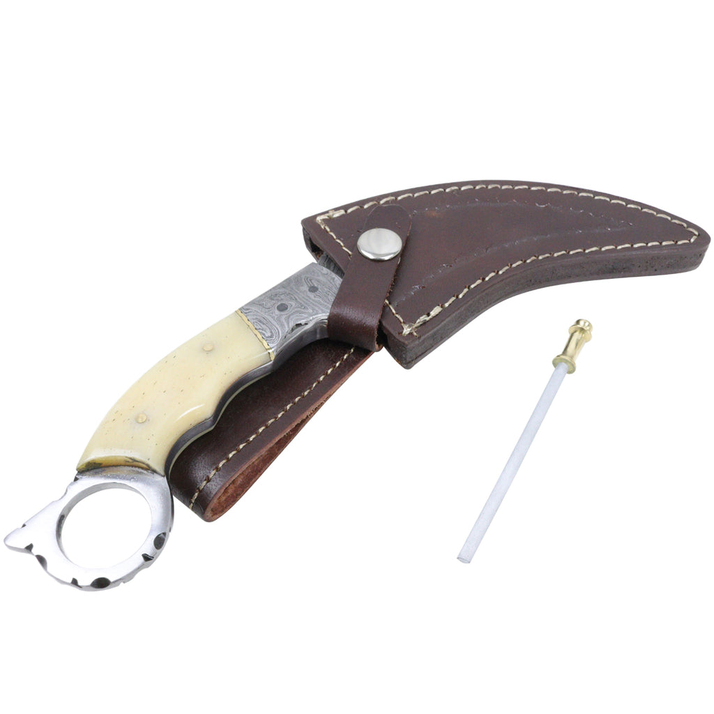 TheBoneEdge 9.5" Damascus Blade Beautiful Handle Hunting Knife With Leather Sheath