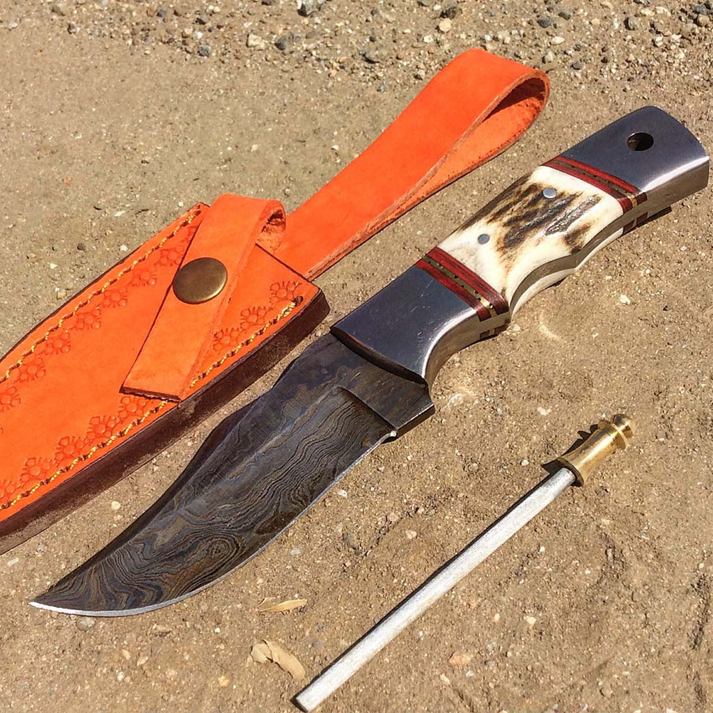 TheBoneEdge 9" Damascus Steel Stag Handle Hunting Knife With Leather Sheath