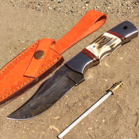 TheBoneEdge 9" Damascus Steel Stag Handle Hunting Knife With Leather Sheath