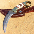 TheBoneEdge 8.5" Damascus Blade Stag Handle Hunting Knife With Leather Sheath