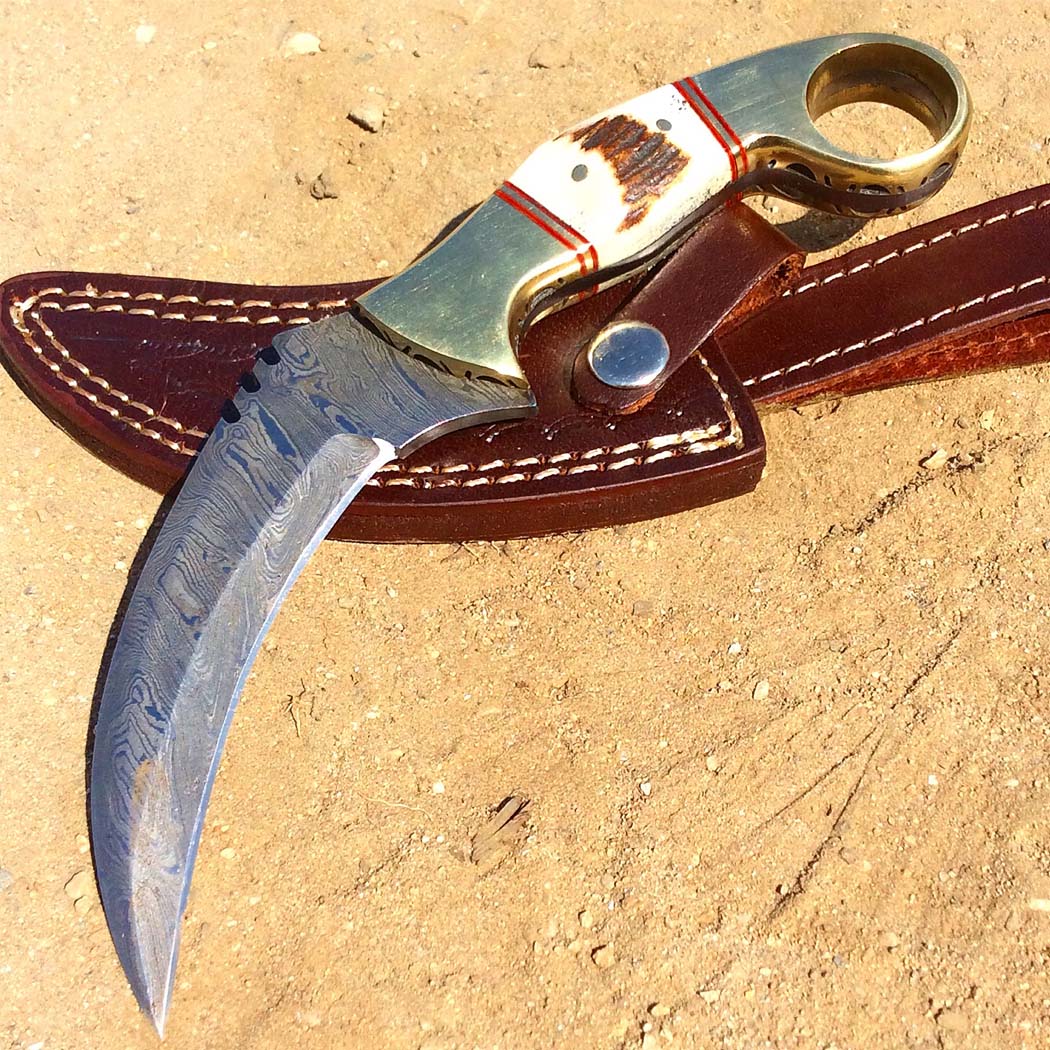 TheBoneEdge 8.5" Damascus Blade Stag Handle Hunting Knife With Leather Sheath