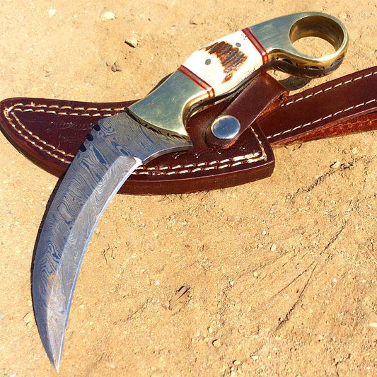 TheBoneEdge 8.5" Damascus Blade Stag Handle Hunting Knife With Leather Sheath