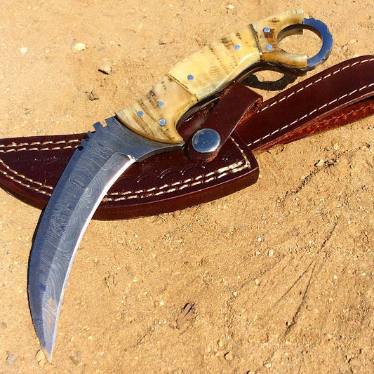 TheBoneEdge 8.5" Damascus Blade Ram Handle Hunting Knife With Leather Sheath