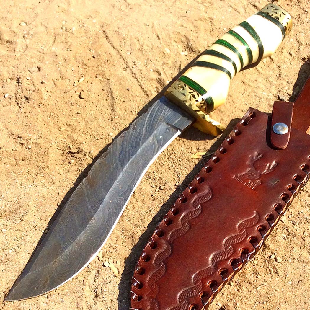 TheBoneEdge 13" Damascus Blade Hunting Knife White & Green Handle Leather Sheath