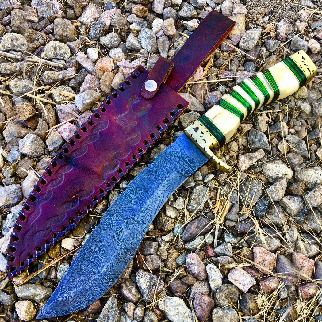 TheBoneEdge 13" Damascus Blade Hunting Knife White & Green Handle Leather Sheath