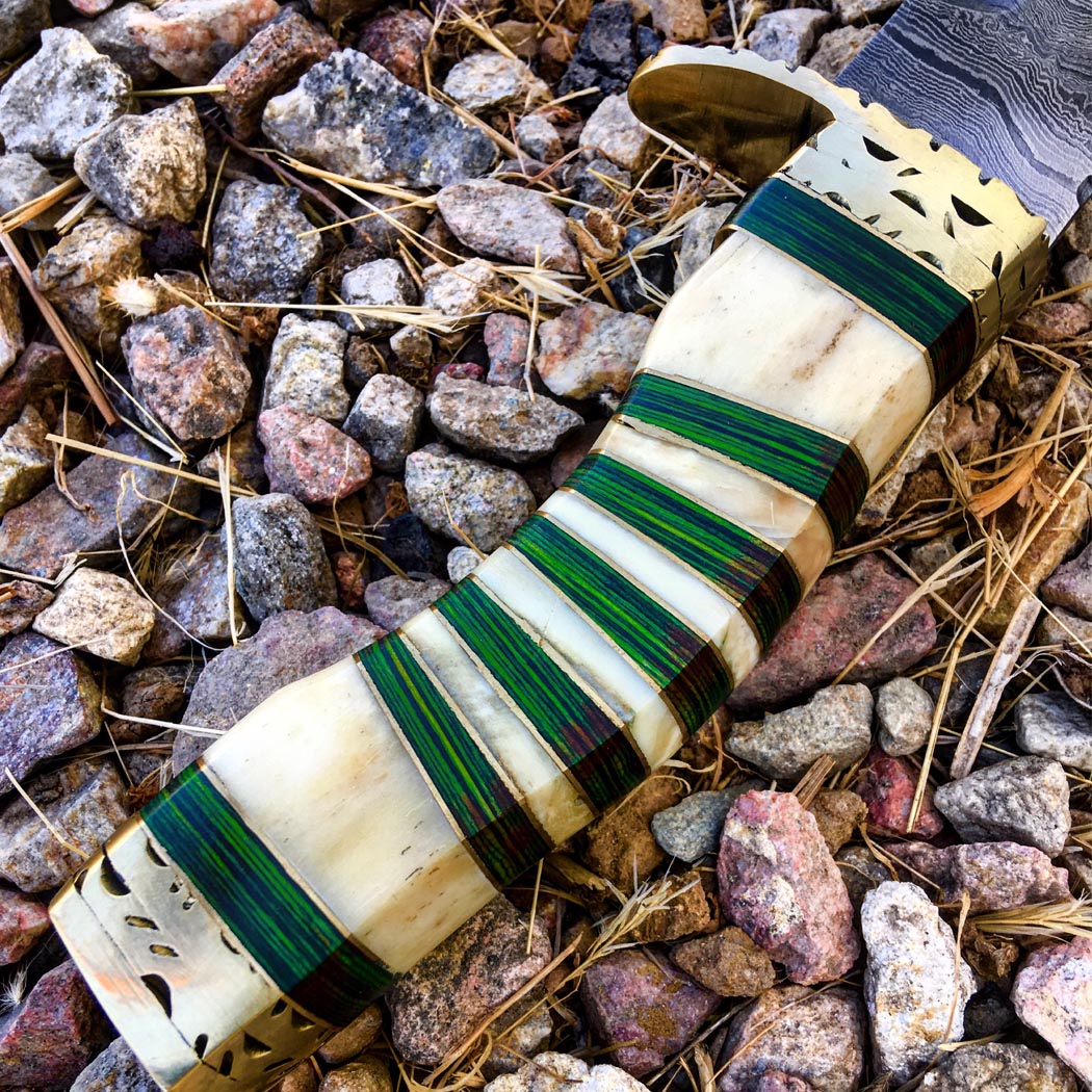 TheBoneEdge 13" Damascus Blade Hunting Knife White & Green Handle Leather Sheath