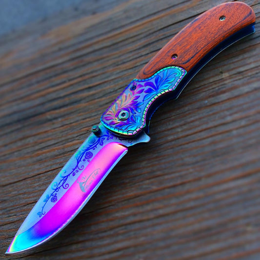 8.5" Spring Assisted Folding Knife Packawood & Pearl Handles Engraved New Gift - Rainbow / Wood