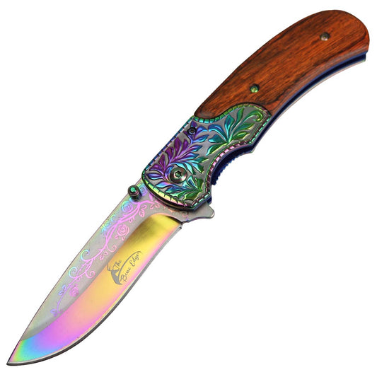 8.5" Spring Assisted Folding Knife Packawood & Pearl Handles Engraved New Gift - Rainbow / Wood