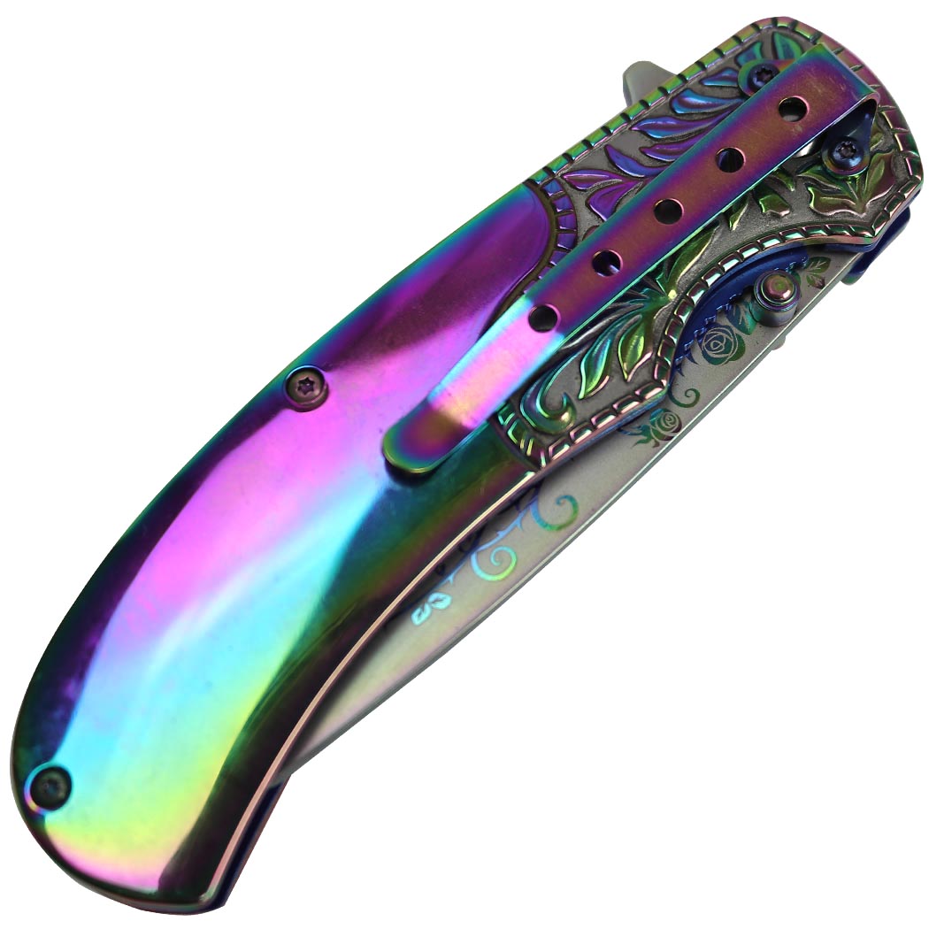 8.5" Spring Assisted Folding Knife Packawood & Pearl Handles Engraved New Gift - Rainbow / Wood