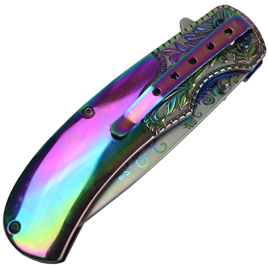 8.5" Spring Assisted Folding Knife Packawood & Pearl Handles Engraved New Gift - Rainbow / Wood