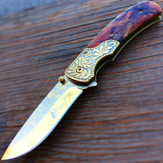 8.5" Spring Assisted Folding Knife Packawood & Pearl Handles Engraved New Gift - Gold / Brown