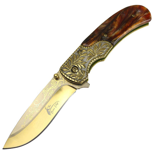 8.5" Spring Assisted Folding Knife Packawood & Pearl Handles Engraved New Gift - Gold / Brown