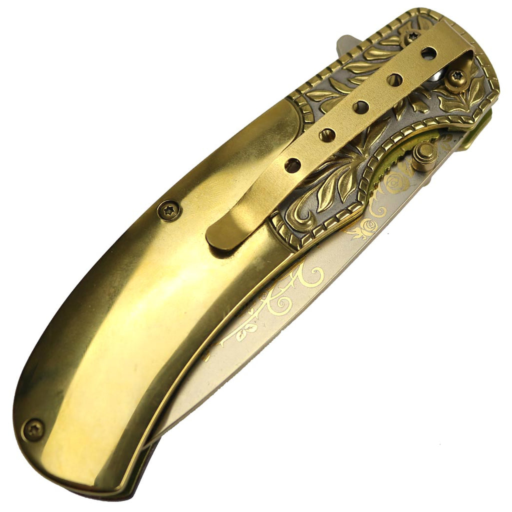 8.5" Spring Assisted Folding Knife Packawood & Pearl Handles Engraved New Gift - Gold / Brown