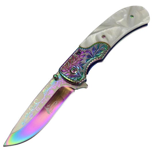 8.5" Spring Assisted Folding Knife Packawood & Pearl Handles Engraved New Gift -