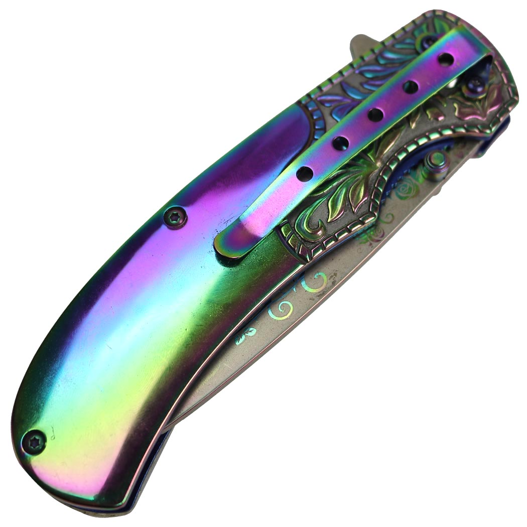 8.5" Spring Assisted Folding Knife Packawood & Pearl Handles Engraved New Gift -