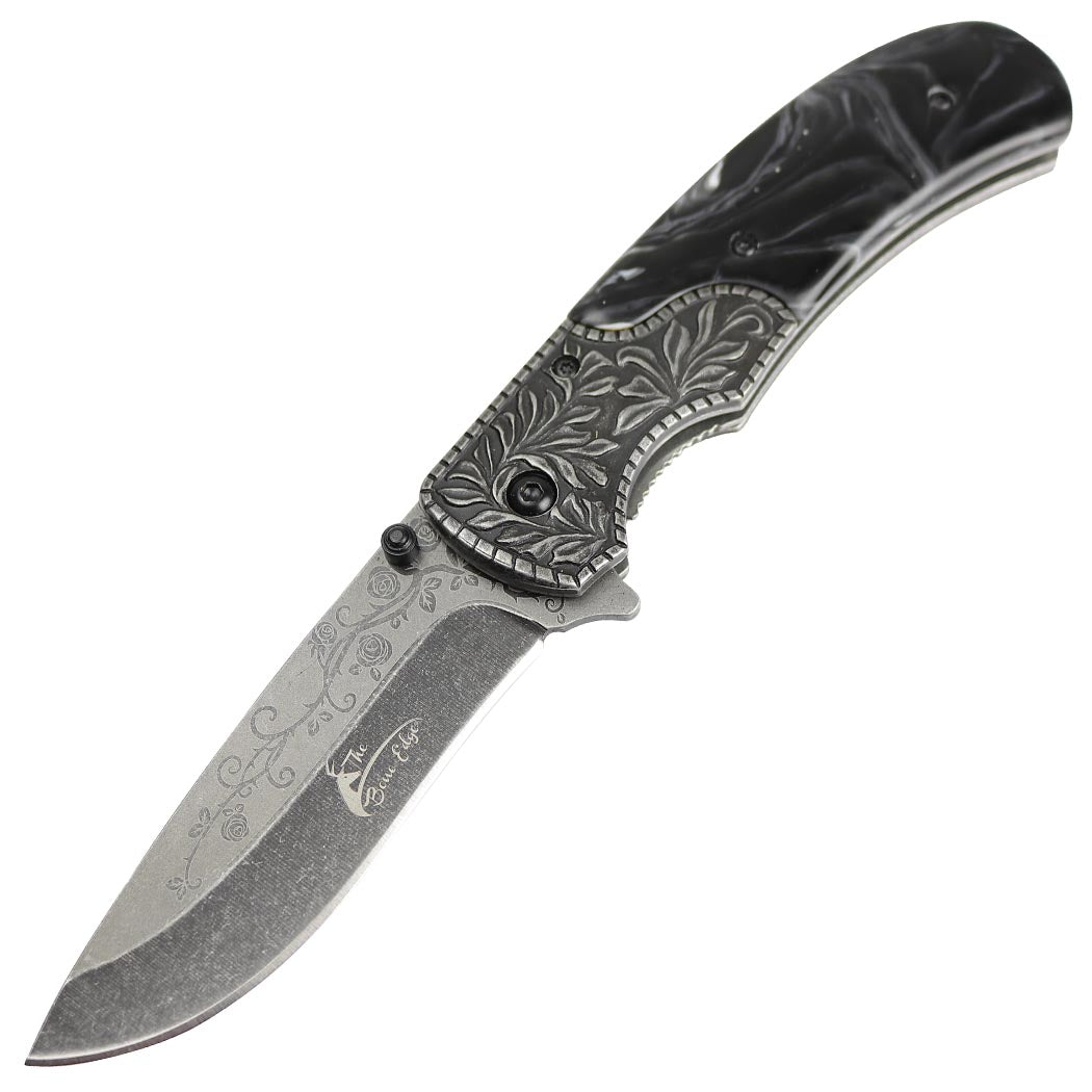 8.5" Spring Assisted Folding Knife Packawood & Pearl Handles Engraved New Gift