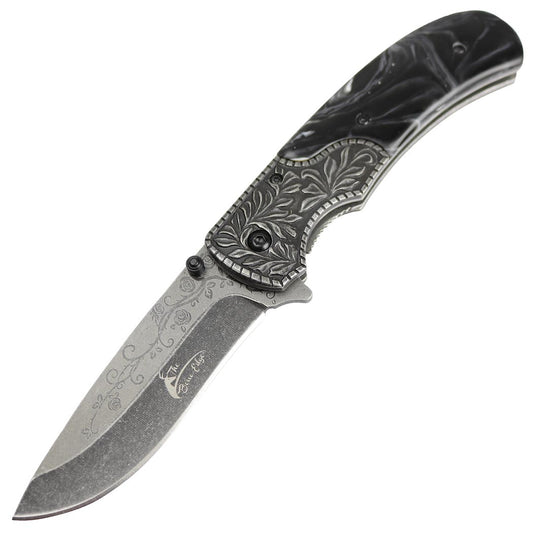 8.5" Spring Assisted Folding Knife Packawood & Pearl Handles Engraved New Gift