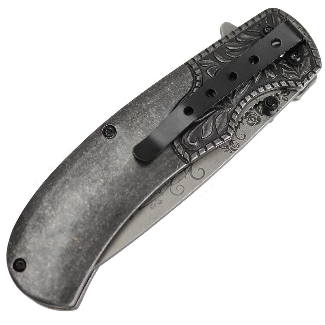 8.5" Spring Assisted Folding Knife Packawood & Pearl Handles Engraved New Gift
