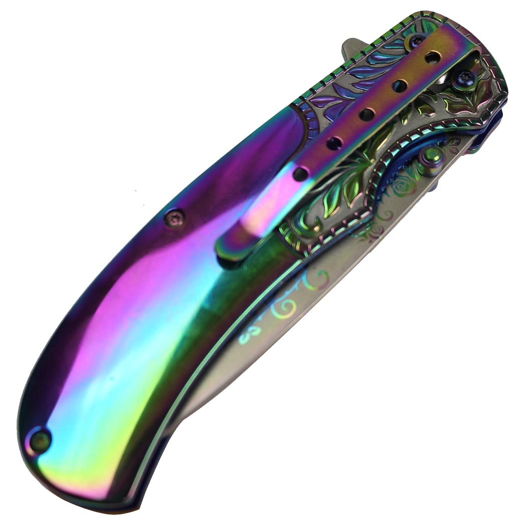 8.5" Titanium Coated Packawood Handle Spring Assisted Folding Knife
