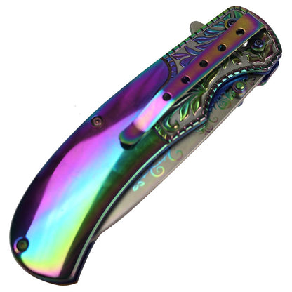 8.5" Titanium Coated Packawood Handle Spring Assisted Folding Knife