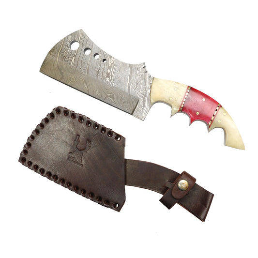 TheBoneEdge 9" Damascus Blade Red & Yellow Handle Butcher Style Knife