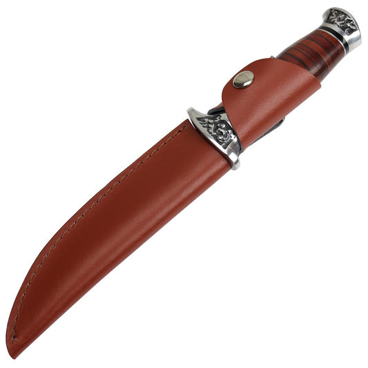 Hunt-Down 12" Western Style Hunting Knife Packawood Wood Handle Leather Sheath
