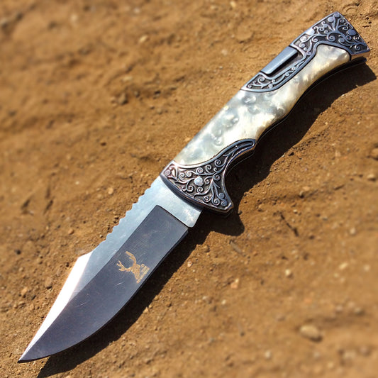 TheBoneEdge 9" Classic Western Folding Knife Stainless Steel White Pearl Handle