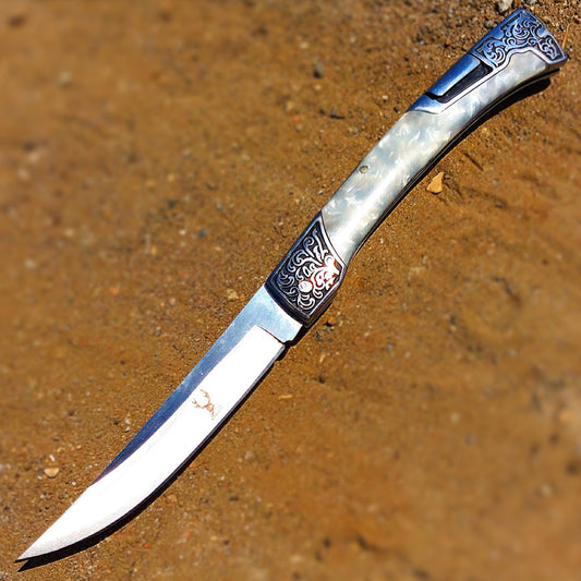 TheBoneEdge 9.5" Classic Western Folding Knife Stainless Steel White Pearl Handle