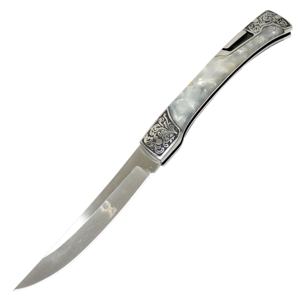 TheBoneEdge 9.5" Classic Western Folding Knife Stainless Steel White Pearl Handle
