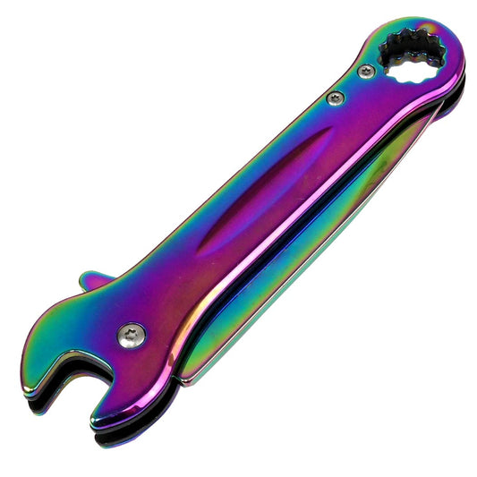 Defender-Xtreme 7.5" Wrench Tool Tactical Spring Assisted Folding Knife Rainbow