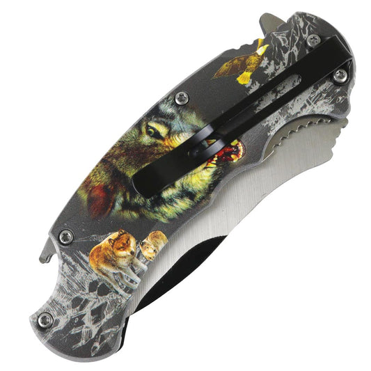 Defender-Xtreme 8.5" Angry Wolf Spring Assisted Folding Knife Stainless Bottle Opener