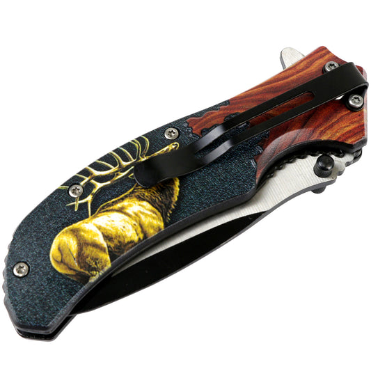 Defender-Xtreme 8.5" Elk Wood Handle Spring Assisted Folding Knife Tactical Sharp