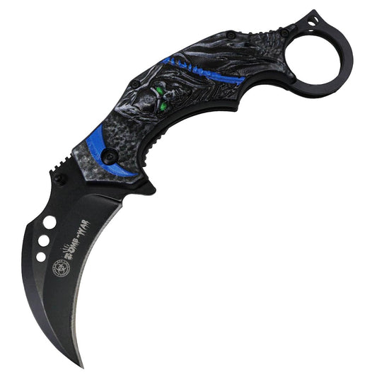 7" Black Blue Color Karambit Spring Assisted Folding Knife Stainless Steel