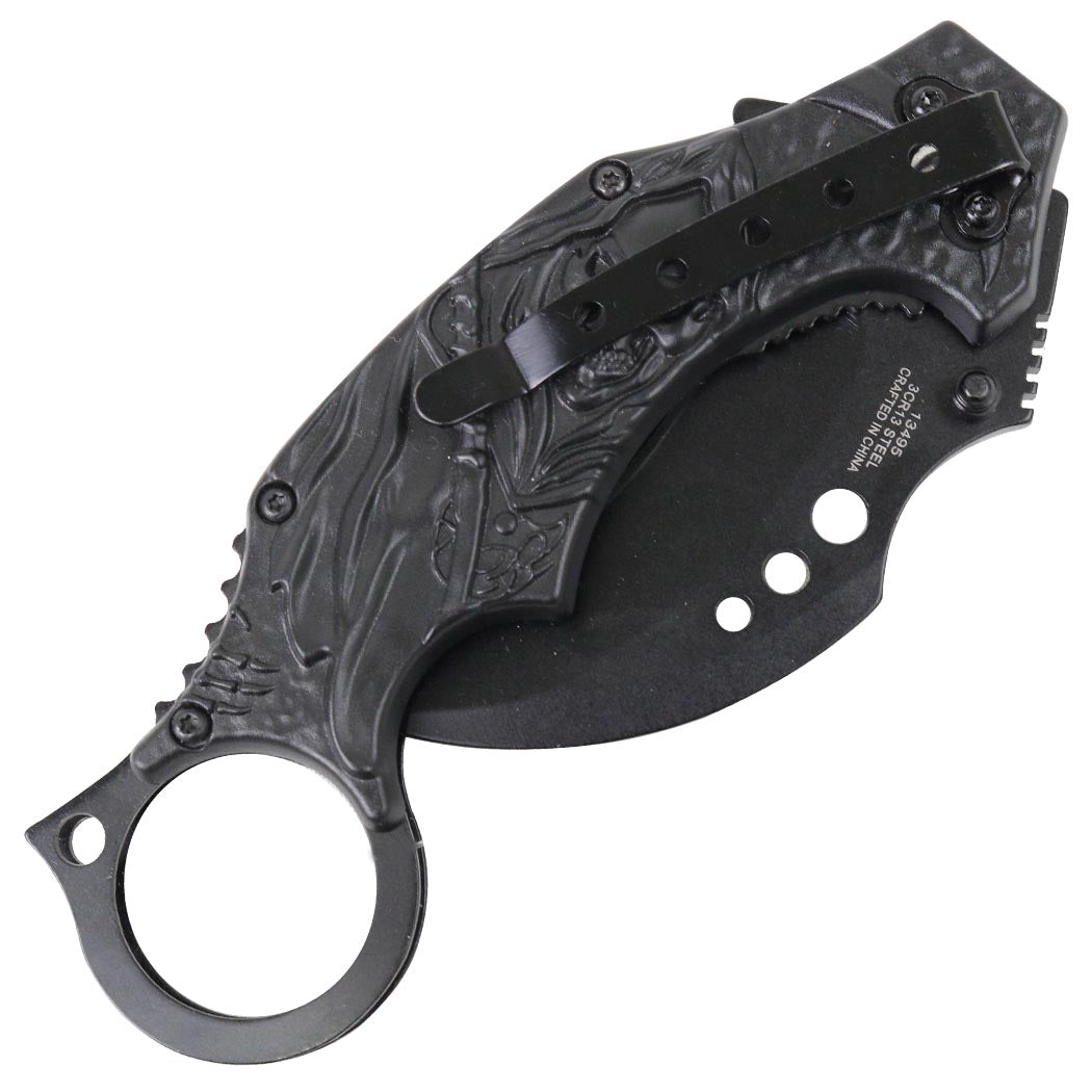 7" Black Blue Color Karambit Spring Assisted Folding Knife Stainless Steel