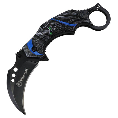 7" Black Blue Color Karambit Spring Assisted Folding Knife Stainless Steel
