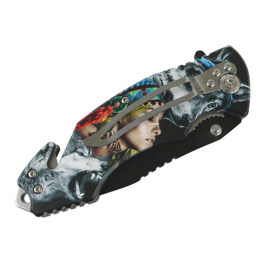 Defender-Xtreme 8" Wolf Woman Spring Assisted Folding Knife Tactical Belt Cutter