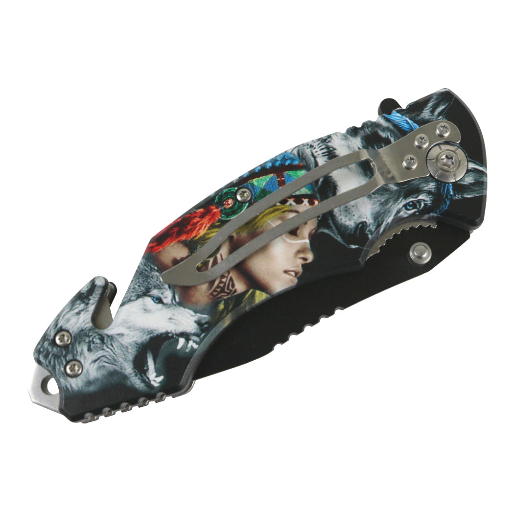Defender-Xtreme 8" Wolf Woman Spring Assisted Folding Knife Tactical Belt Cutter