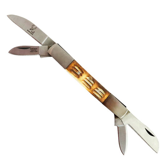 8" The Bone Edge Folding Four Bladed Knife With Bone Handle & Vinyl Sheath