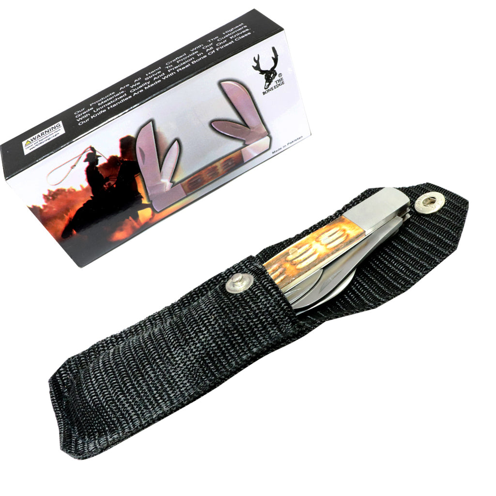 8" The Bone Edge Folding Four Bladed Knife With Bone Handle & Vinyl Sheath
