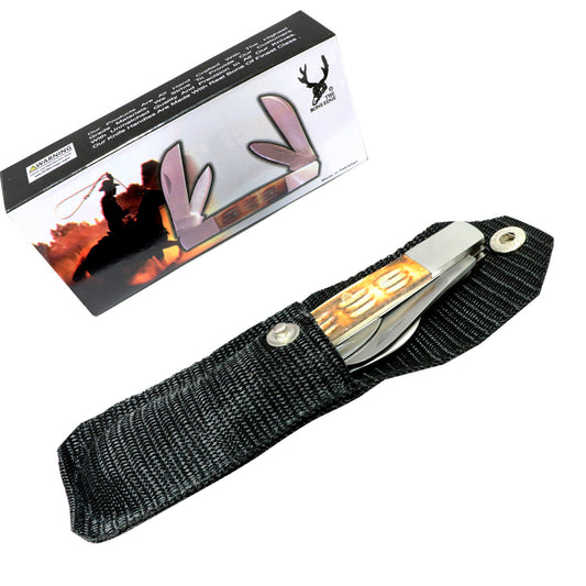 8" The Bone Edge Folding Four Bladed Knife With Bone Handle & Vinyl Sheath