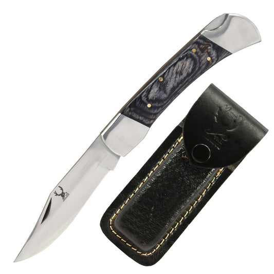 TheBoneEdge 9" Folding Knife Pakkawood Black Handle Stainless Steel Blade With Leather Sheath
