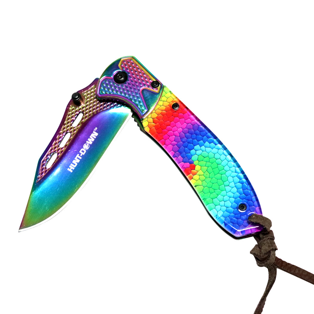 Hunt-Down 8" Spring Assisted Folding Knife  Designer Handle Stone-wash Rainbow Blade