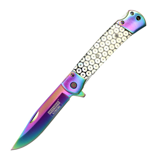 Defender-Xtreme 9" Rainbow Blade Glitter Handle Spring Assisted Knife