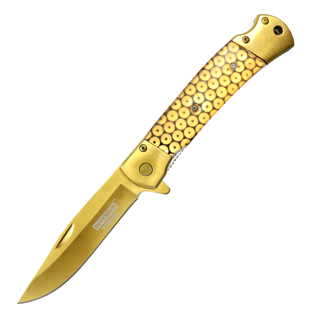 Defender-Xtreme 9" Gold Coated Blade Glitter Handle Spring Assisted Knife